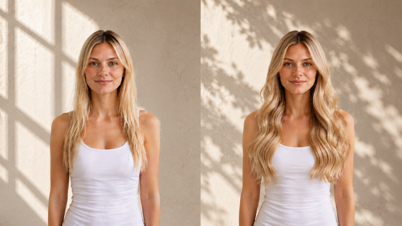 Before and after Genius tape-in weft hair extensions
