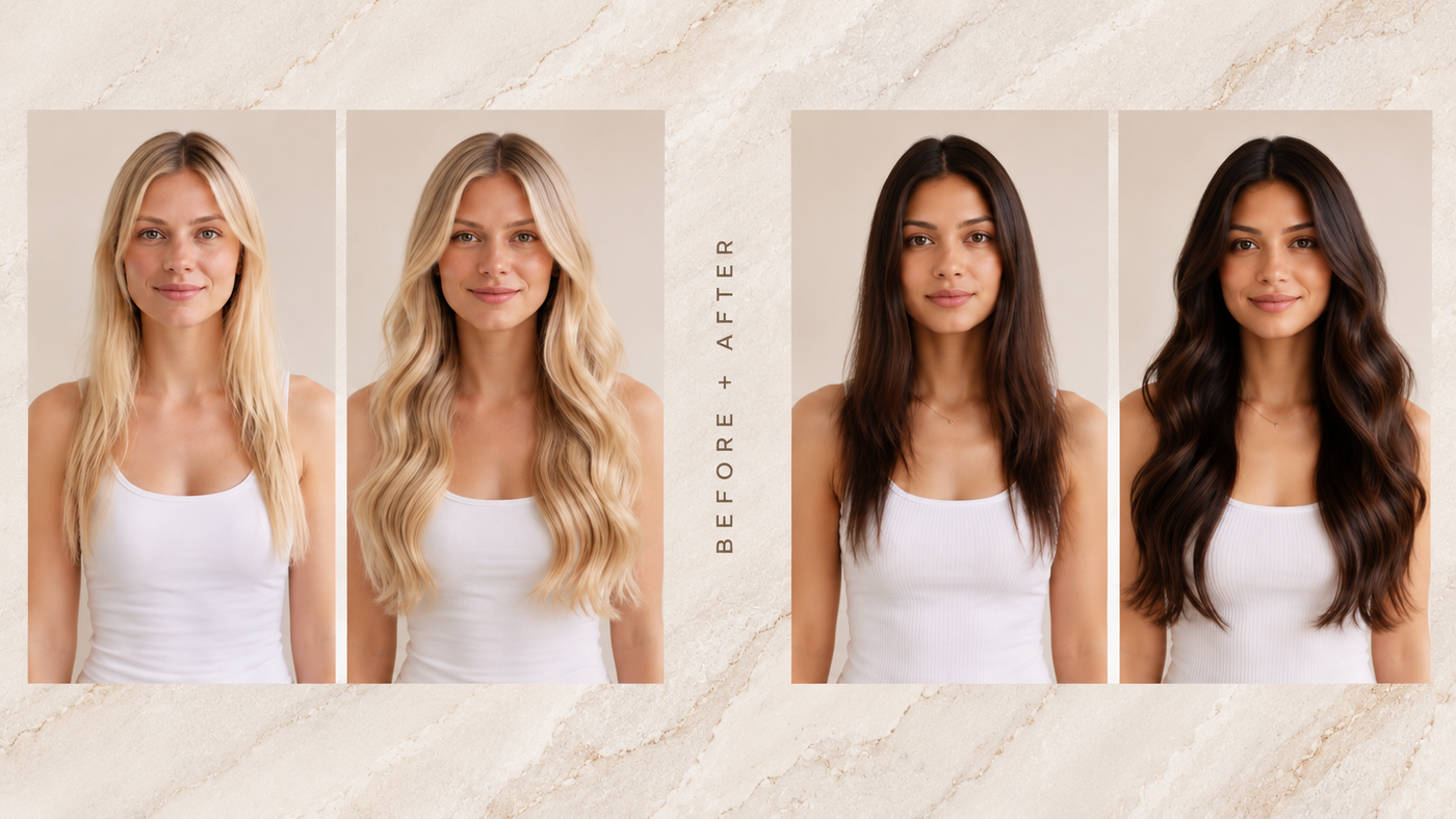 Before and after invisible tape-in hair extensions