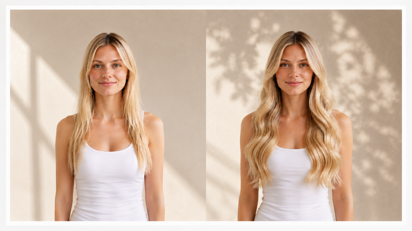 Before and after volume weft hair extensions
